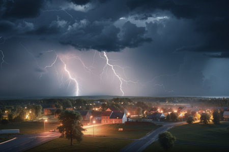 a thunderstorm with lightning over the villageの素材