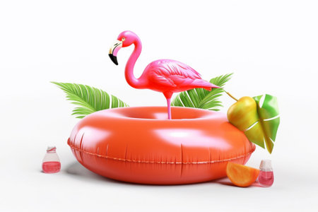 pink flamingo with pink water circle with palm trees. summer season. background restの素材