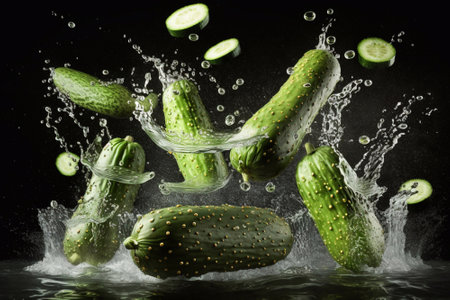 cucumbers in water splashes on a black background.の素材