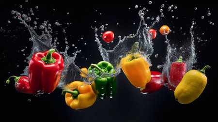 yellow green red pepper in splash of water on black background. fresh vegetables.の素材
