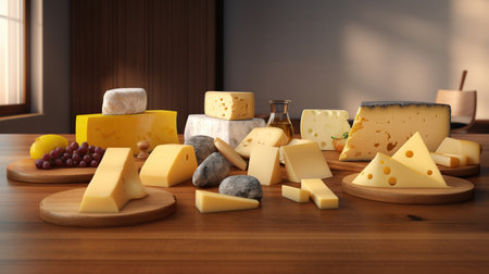 different types of cheeses on a wooden table in a restaurant. dairy products.の素材