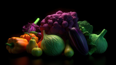 different vegetables on a black background in neon colors.の素材