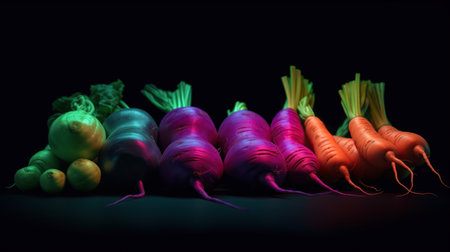 different vegetables on a black background in neon colors.の素材
