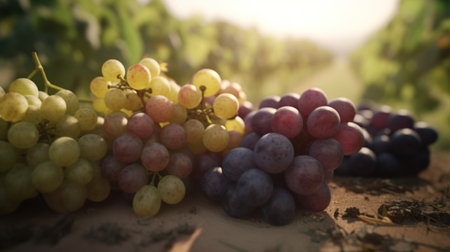 white and black grapes on the background of vineyards.の素材