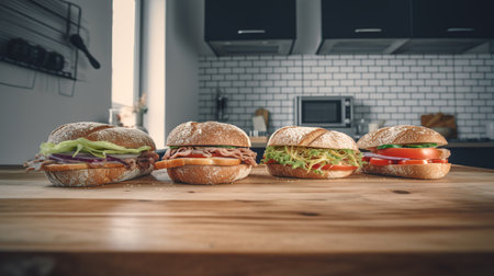 burgers and sandwiches on the table in the kitchen. quick fast food.の素材