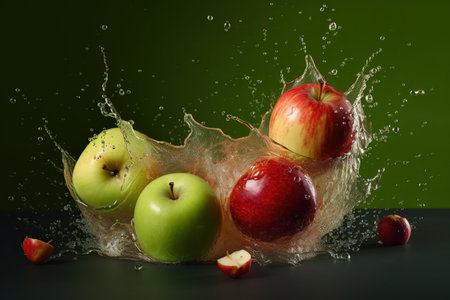 fresh green and red apples in splash of water.の素材