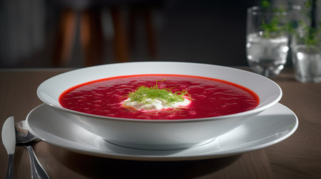 borscht with sour cream in a plate on the table. traditional Ukrainian dish.の素材