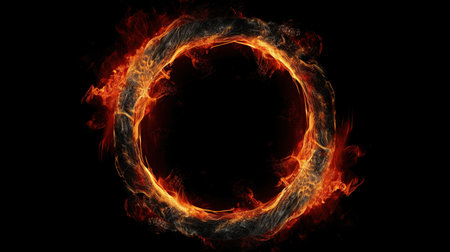 abstract of a ring of fire on a black background.の素材