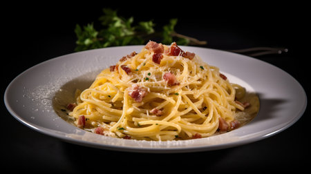 Pasta carbonara in a white plate on a table in a restaurant.の素材