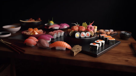 assorted sushi on the table in the restaurant.の素材