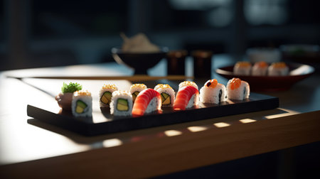 assorted sushi on the table in the restaurant.の素材