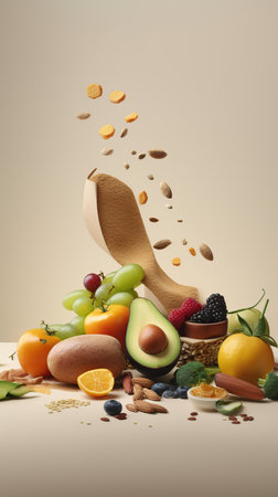 healthy fruits and vegetables on pastel colors, food background, healthy food concept. vertical photoの素材
