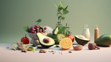 healthy fruits and vegetables on pastel colors, food background, healthy food concept.の素材