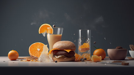 Healthy breakfast concept with fresh orange juice and hamburger on tableの素材