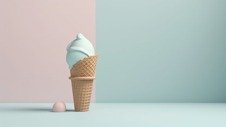 ice cream in a waffle cup on gentle tones. summer background. minimalistic creative concept of waffle cone with ice cream.の素材