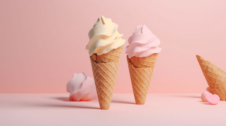 ice cream in a waffle cup on gentle tones. summer background. minimalistic creative concept of waffle cone with ice cream.の素材