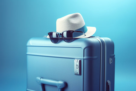 rest time blue travel case with a wicker hat with glasses on a blue background. travel forwardの素材