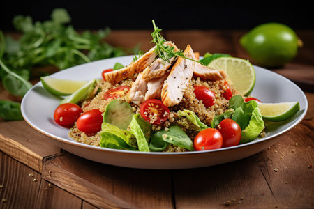 couscous with chicken fillet and avocado with vegetables. healthy diet vegetarian food.の素材