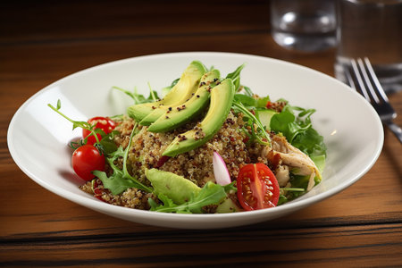 couscous with chicken fillet and avocado with vegetables. healthy diet vegetarian food.の素材