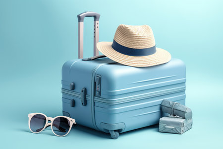 rest time blue travel case with a wicker hat with glasses on a blue background. travel forwardの素材