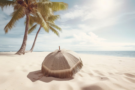 sandy beach with umbrella and palm trees near the ocean. generative, aiの素材