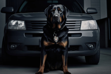 k9, a dog of the Rottweiler breed in glasses, a police dog. the concept of law enforcement. animal helpers. generative AI,の素材