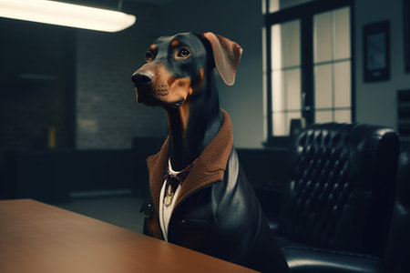 Doberman dog in a fashionable jacket in the office. generative aiの素材