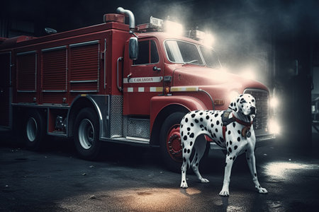 Dalmatian dog near the fire engine. firefighter dog generative aiの素材