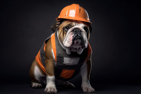a dog of the English bulldog breed in a protective helmet and an orange vest. the dog is a builder. generative aiの素材