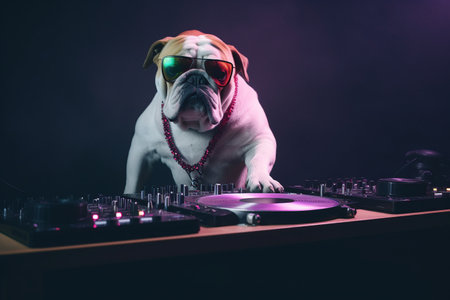 a dog of the English bulldog breed plays music at the DJ console. The concept of club life. generative aiの素材