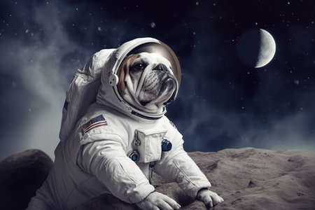 a dog of the English bulldog breed, an astronaut on the moon. The concept of travel. generative aiの素材