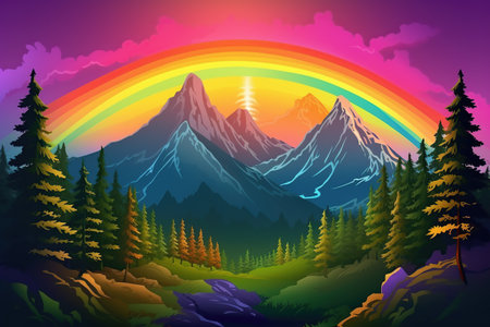 the forest near the mountains at sunrise in the colors of the rainbow. fantasy nature. generative ai.の素材