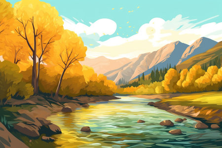 the river flows near the autumn trees with yellow leaves near the mountains. autumn landscape. generative ai.の素材