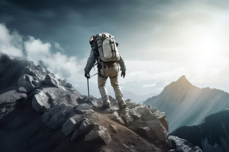 Hiking with mountain equipment on top of the mountain. travel concept. generative AI,の素材