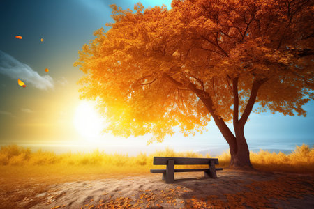 a bench under an autumn tree at sunrise. autumn landscape. generative AI,の素材
