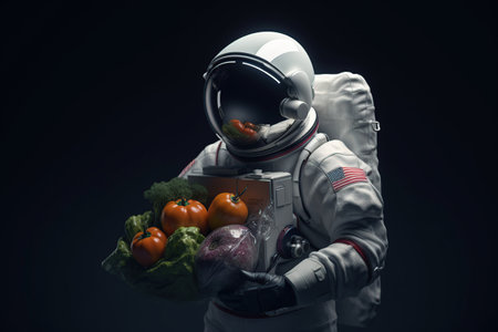 astronaut with grocery basket. delivery of future food. Online product selection. electronic commerce. generative ai.の素材