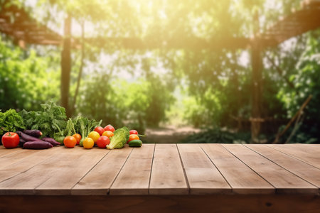 wooden table with vegetables on the background of the garden. Empty wooden table with free space over trees. For product display montage. generative ai.の素材