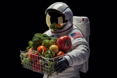 astronaut with grocery basket. delivery of future food. Online product selection. electronic commerce. generative ai.の素材