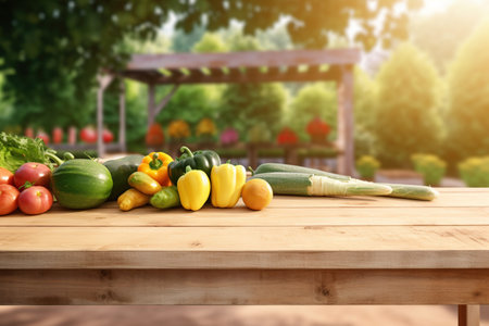 wooden table with vegetables on the background of the garden. Empty wooden table with free space over trees. For product display montage. generative ai.の素材
