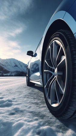 a car on a snowy road. close up of car wheels. replacement for winter tires. safety in the winter season. travel concept. generative ai.の素材