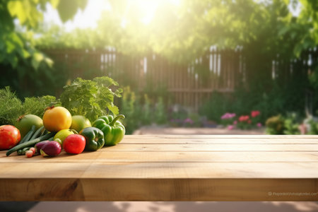 wooden table with vegetables on the background of the garden. Empty wooden table with free space over trees. For product display montage. generative ai.の素材