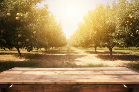 wooden table on the background of the apricot garden. Empty wooden table with free space over trees. For product display montage. generative ai.の素材