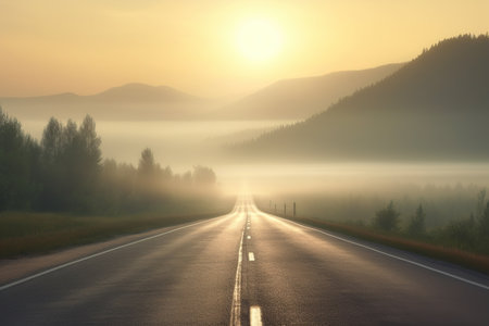road in the morning fog at sunrise. generative ai.の素材