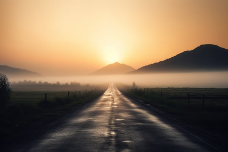 road in the morning fog at sunrise. generative ai.の素材