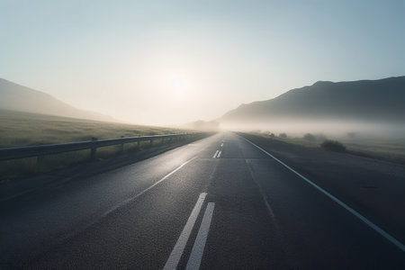 road in the morning fog at sunrise. generative ai.の素材