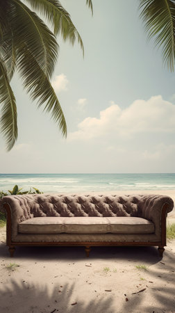 sofa on the beach near the ocean. the concept of rest. relaxation generative ai.の素材
