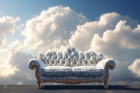 Luxury sofa in the blue sky with clouds. 3d renderingの素材