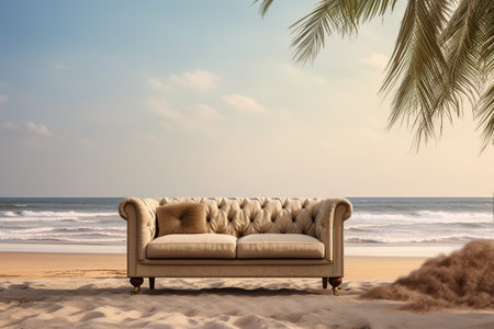 sofa on the beach near the ocean. the concept of rest. relaxation generative ai.の素材