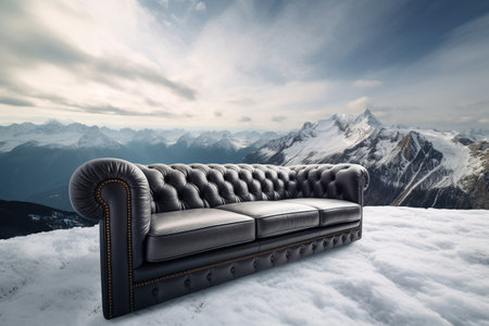 sofa on top of winter mountains. the concept of rest. relaxation generative ai.の素材