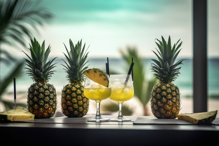ripe pineapples with cocktails at the bar on the beach near the ocean. summer concept. generative ai.の素材